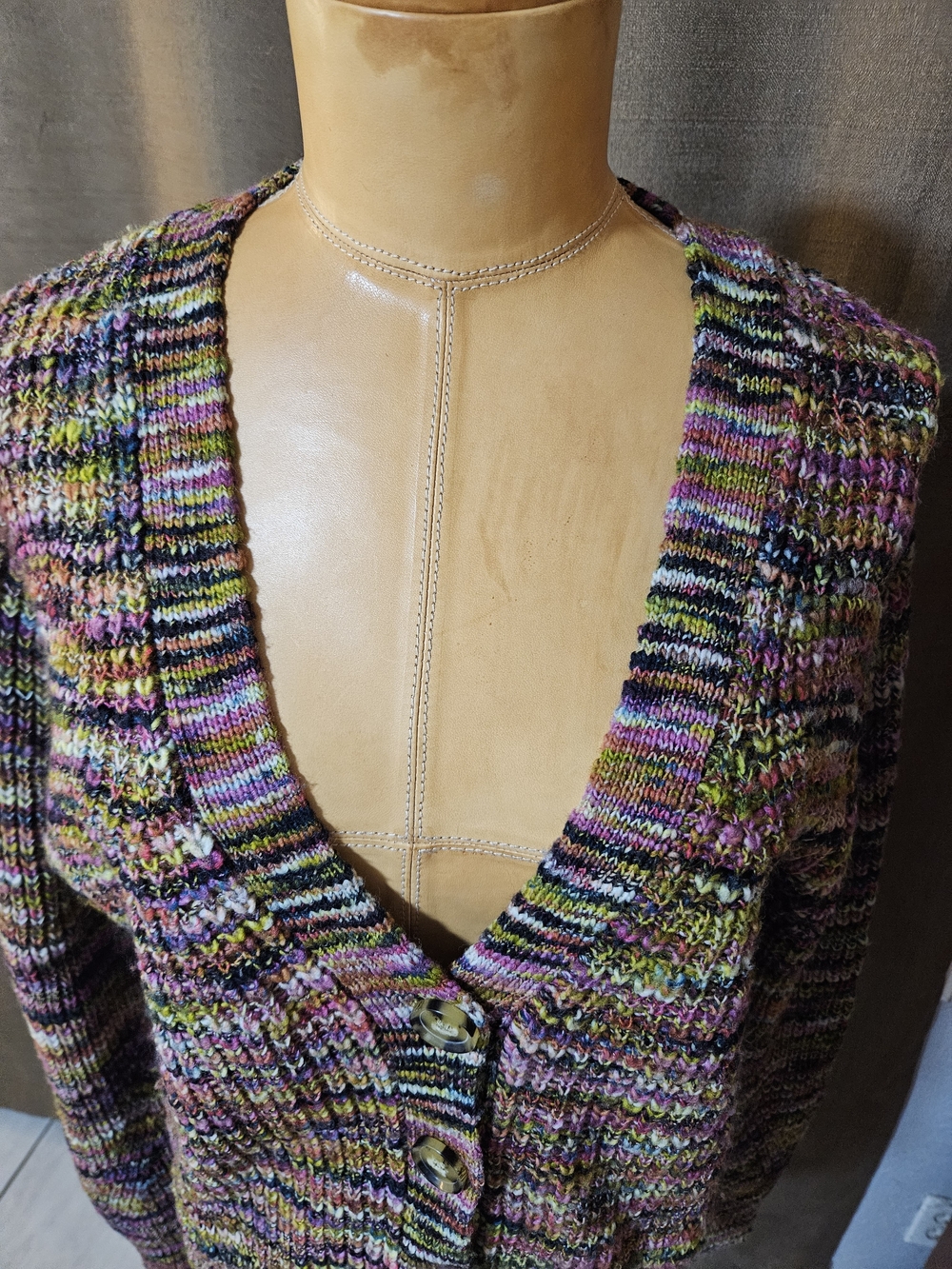 Veronica Beard Multicolor V-Neck Button Cardigan — Purple, Green, Pink, Black - Picture 2 of 5